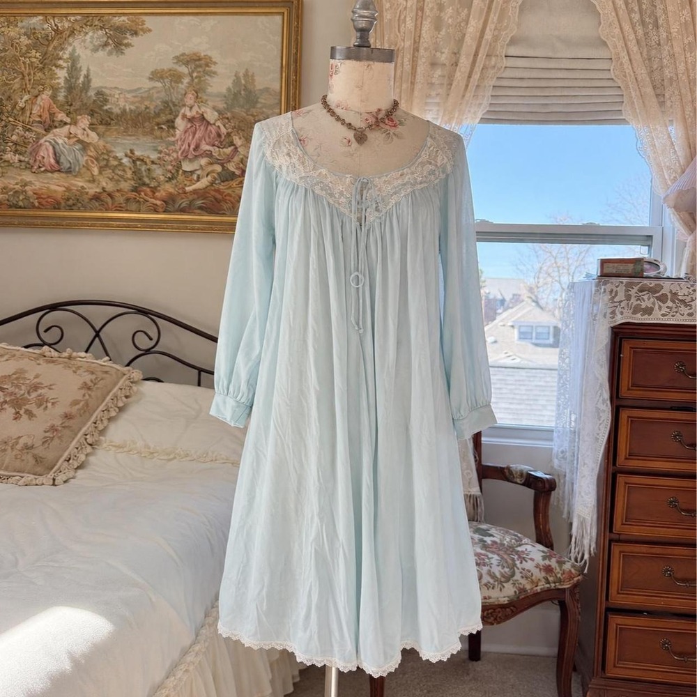 70s Miss Elaine powder blue long sleeve nightgown size medium